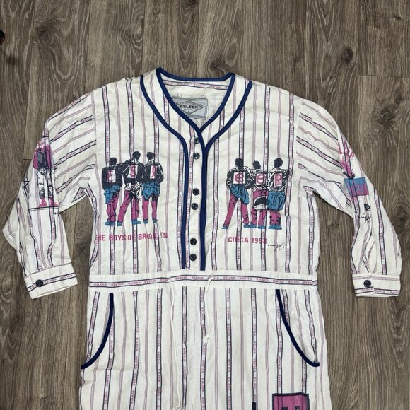 VTG 90s Esleep One Piece Jumpsuit Sleep wear Pajama Pit Crew Brooklyn Baseball - Picture 2 of 16